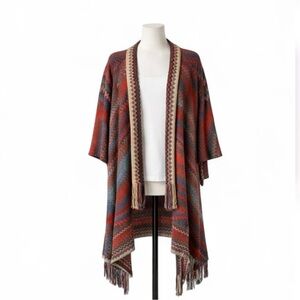 Woven Heart Boho Aztec Cardigan Large Fringe Open Front Long Duster Southwest